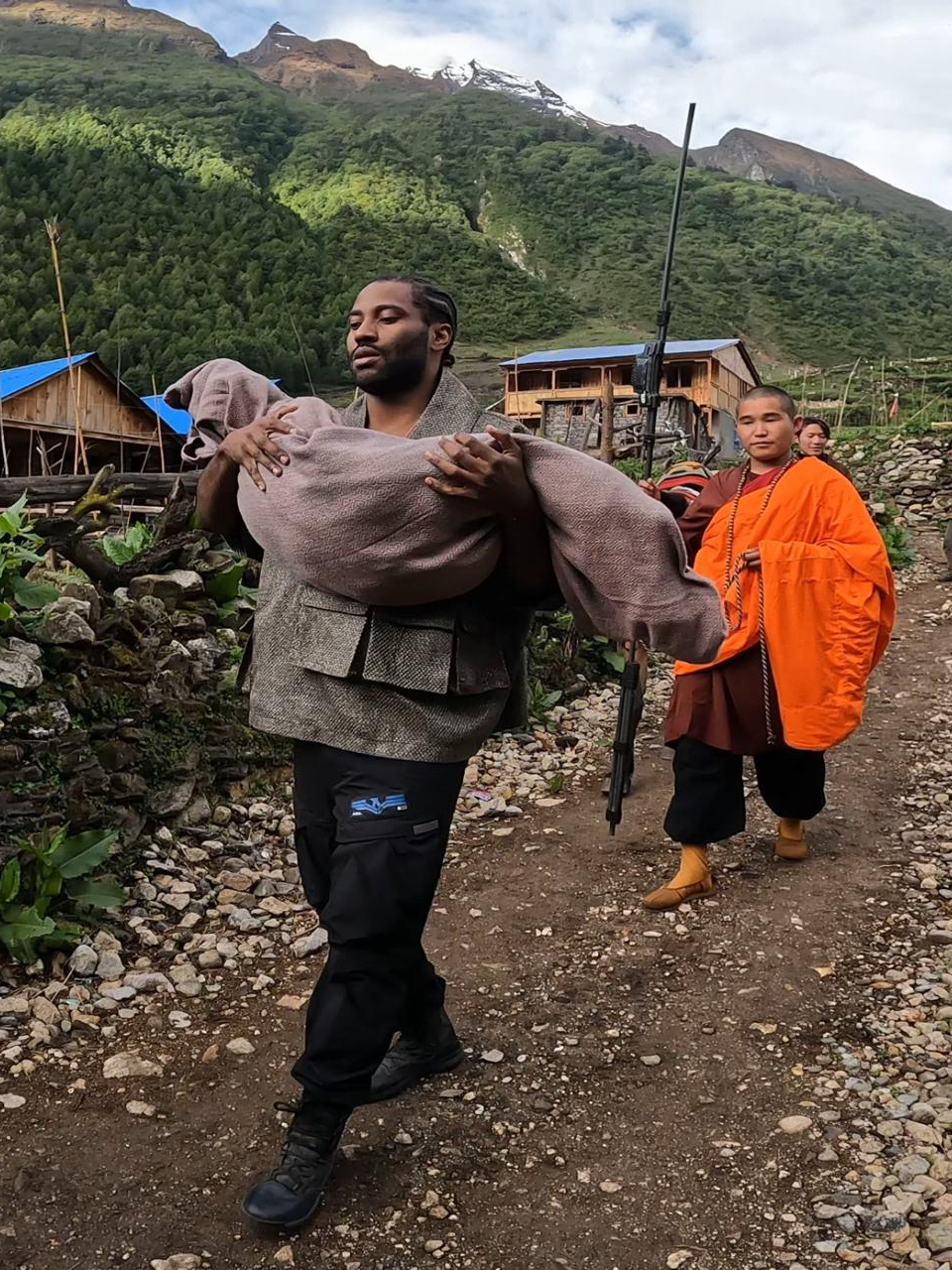 Photo of John David Washington while filming The Creator in Nepal with Wilderness Film Productions.